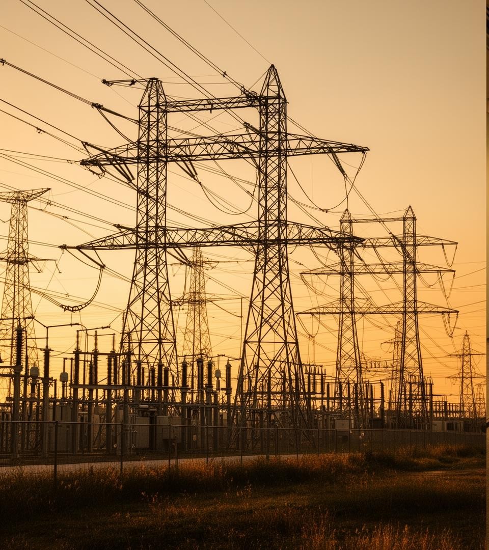 Powerline and transmission infrastructure at sunset