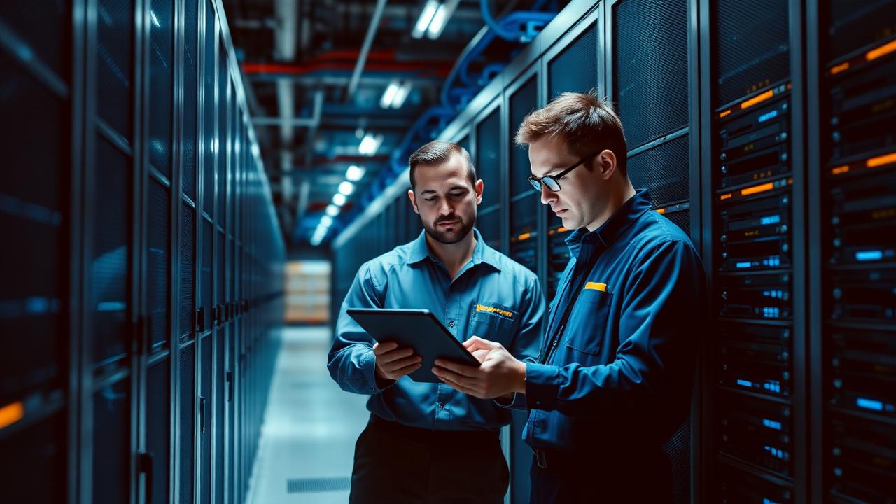 Data center technicians reviewing a tablet between server racks