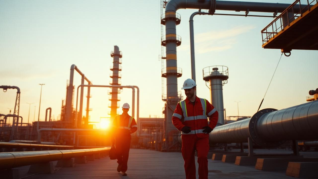 Refinery and midstream gas facility with crew at golden hour