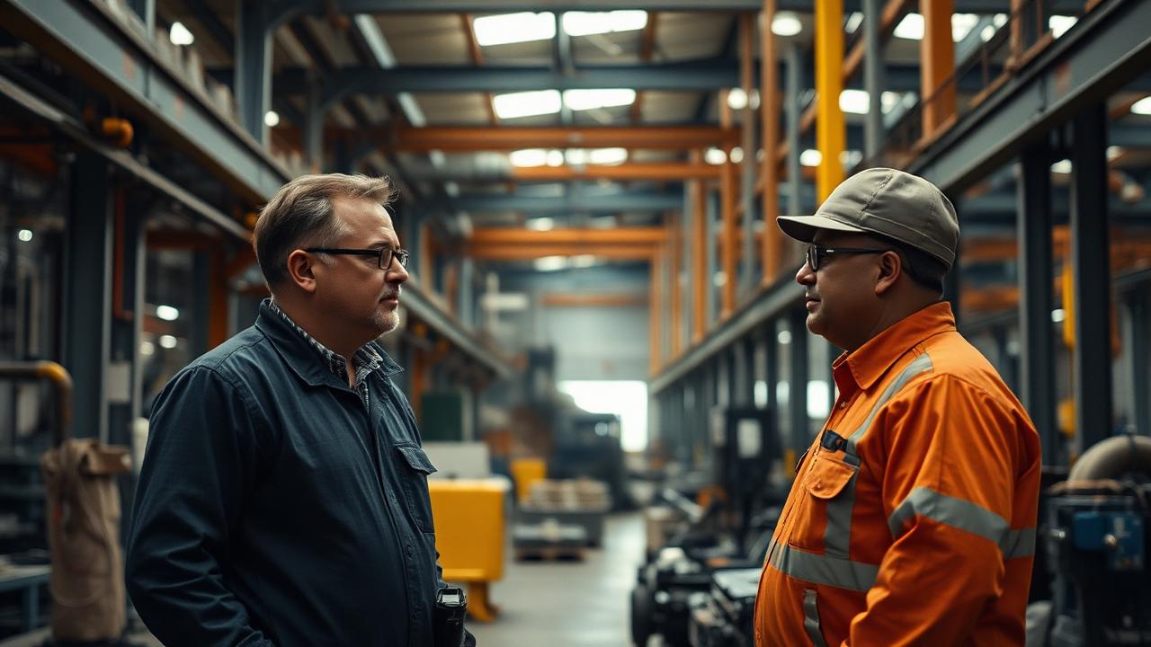 Plant manager and supervisor talking on a manufacturing floor