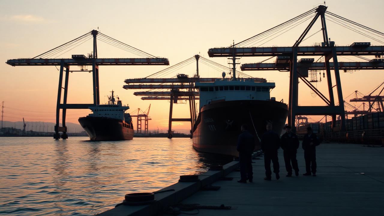 Port terminal at dawn with cargo vessel, gantry cranes, and dock crew