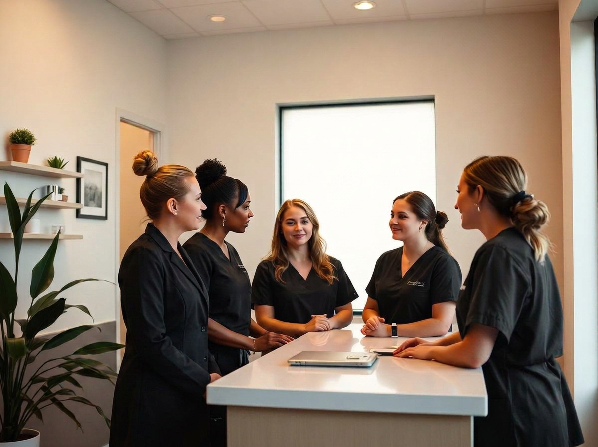 Med spa clinic owner and team at the front desk